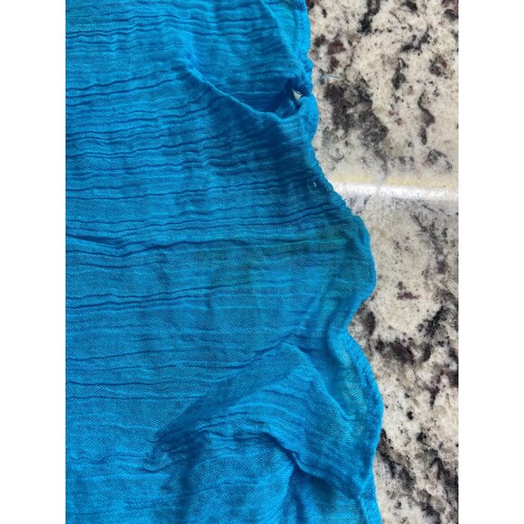 Vintage Womens Rectangle Scarf Blue White Embroidery Tassels Crinkled Boho Chic - Picture 5 of 5